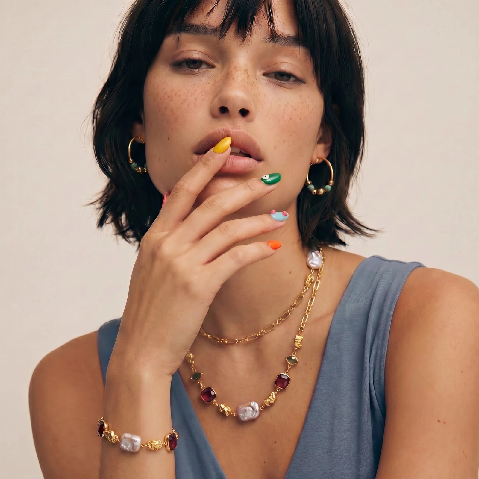 Figaro chain necklace adorned with iridescent baroque pearls and a deep raspberry stone, styled elegantly for a layered look.