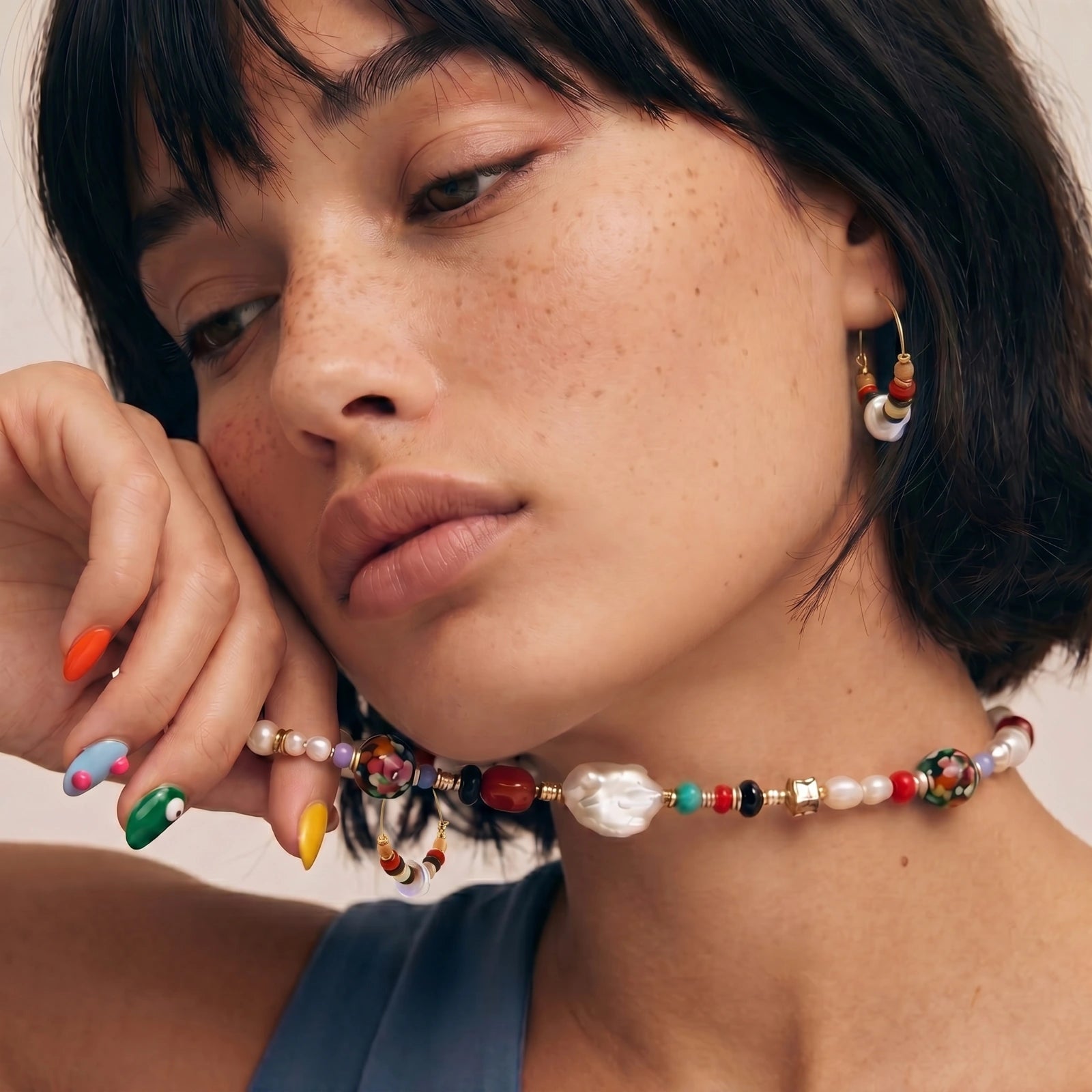 Slender gold hoops adorned with red, amber, and brown stone beads, featuring a graceful flat baroque pearl.