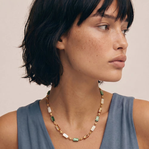 Adjustable necklace showcasing an elegant arrangement of green, amber, and cream shell beads with gold spacers.