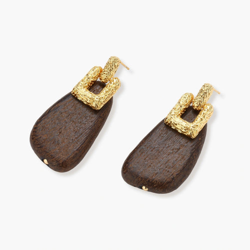 Elegant drop earrings featuring intricate 18k gold plated copper metalwork with dark brown wooden teardrop pendants