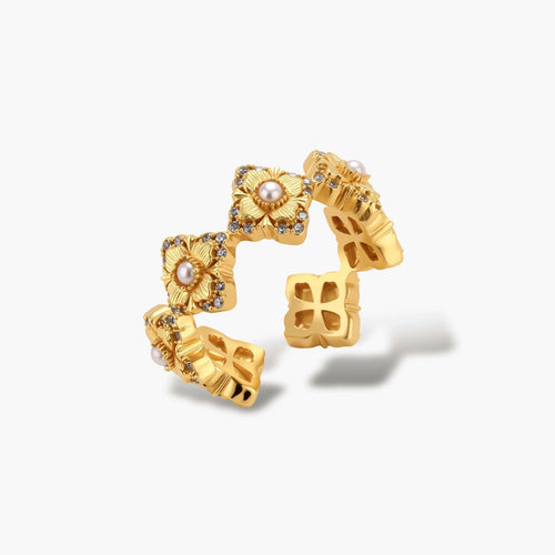 Gold-plated adjustable ring with multiple flower motifs, each featuring a central pearl and cubic zirconia stones