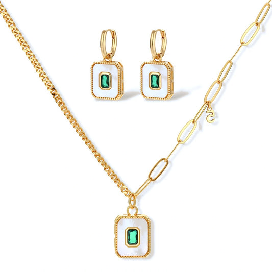Gold-plated necklace with a square pendant featuring a green stone, paired with matching huggie drop earrings.