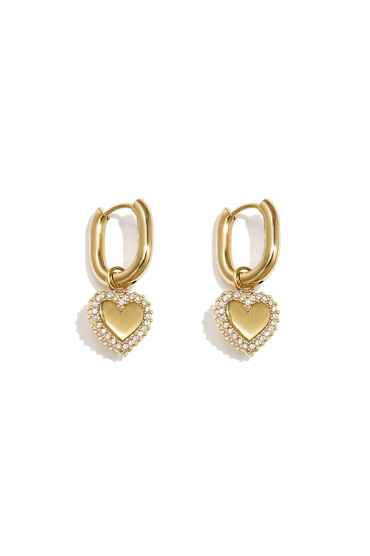 Squoval earrings with heart charms with set edges