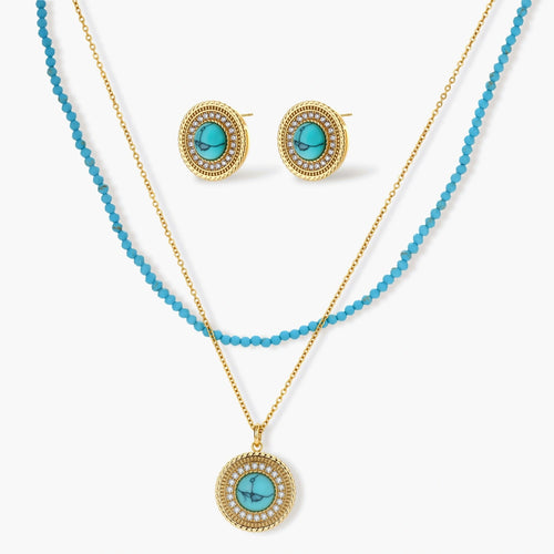 Gold-plated turquoise jewelry set with circular medallion pendant, beaded necklace, and matching stud earrings on white background