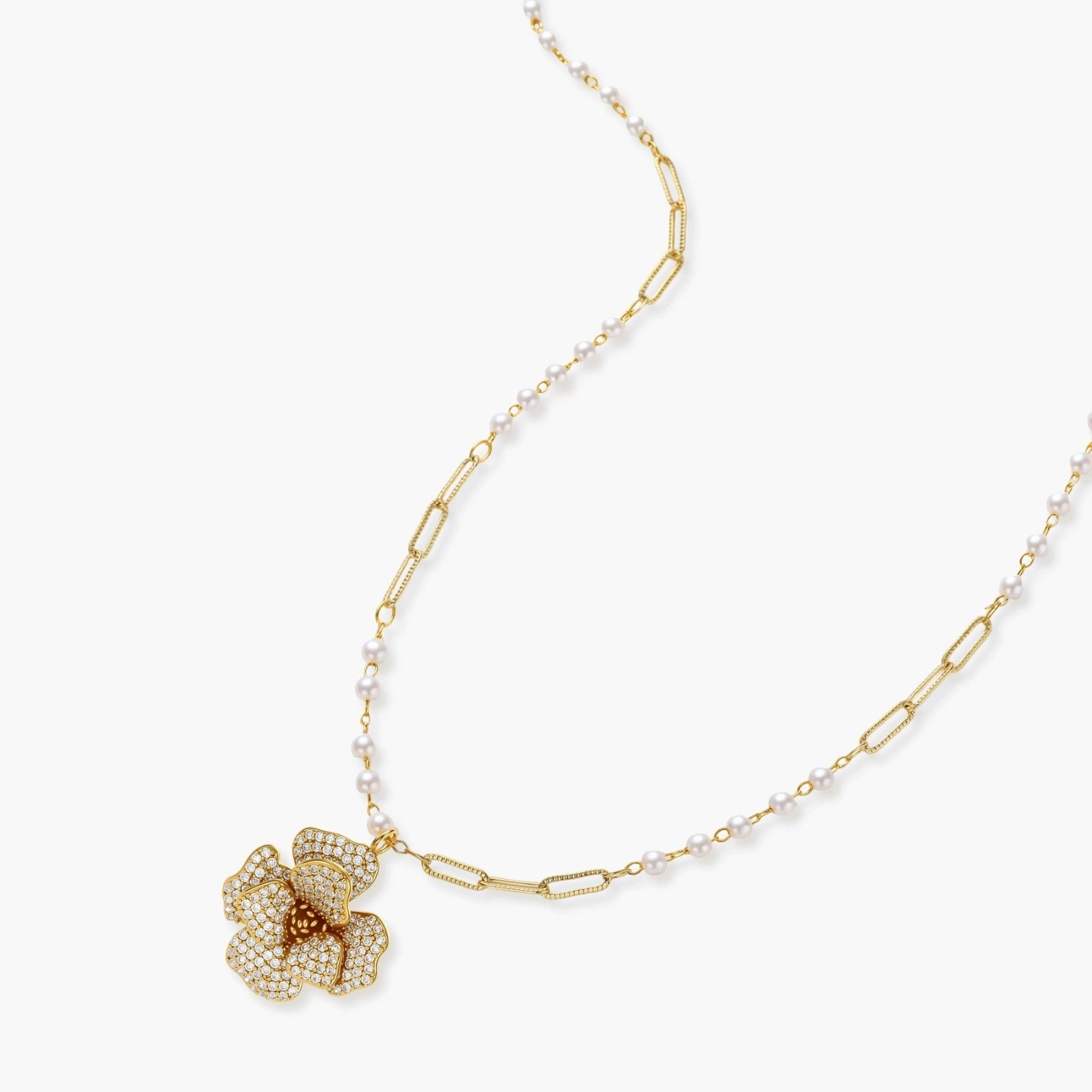 14K gold-plated flower jewelry set with zirconia crystals, featuring dimensional petal necklace and matching earrings