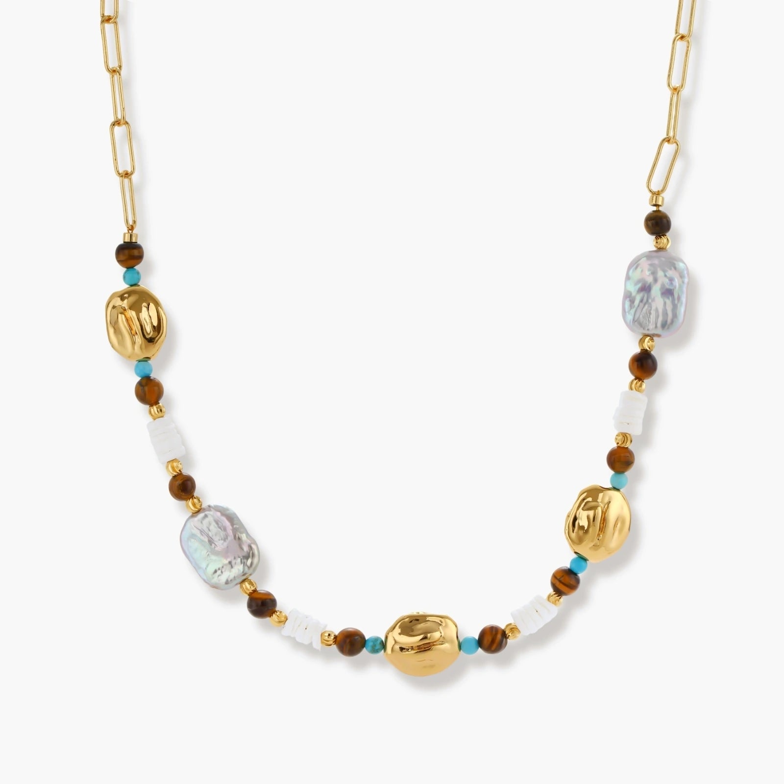 Gold-plated beaded necklace with iridescent baroque pearls, turquoise stones, and brown natural beads on neutral background.
