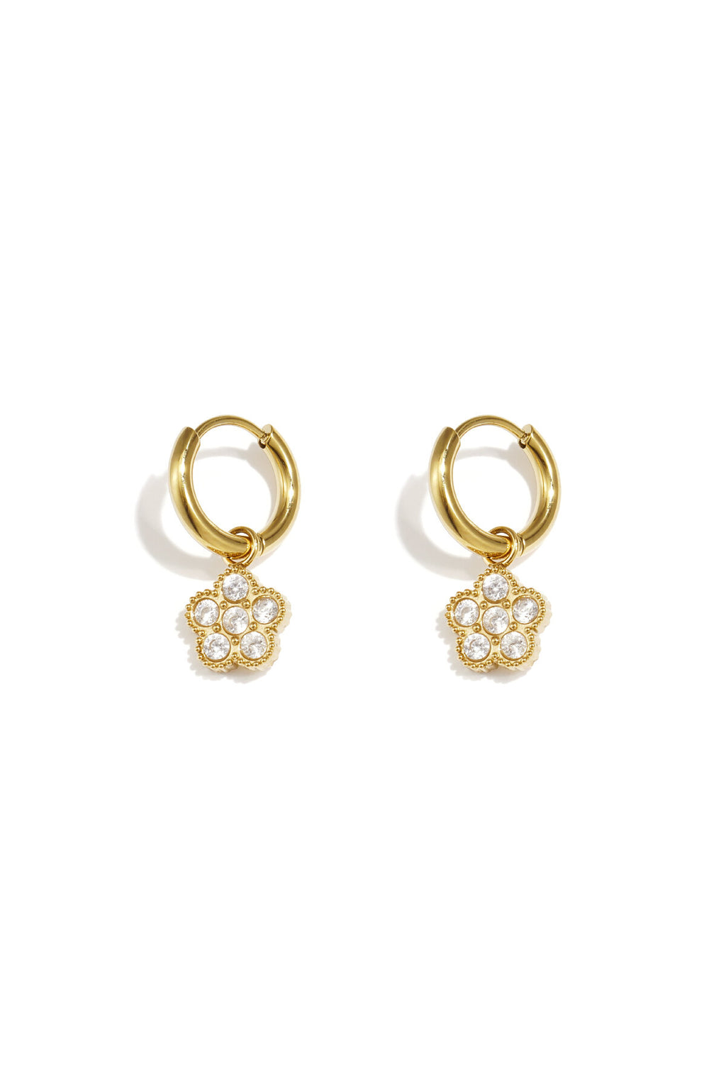 Small hoop earrings with hanging flowers made of zirconia stones
