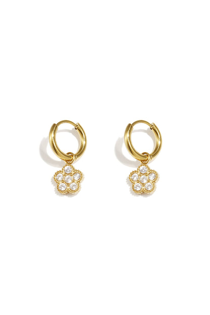 Small hoop earrings with hanging flowers made of zirconia stones