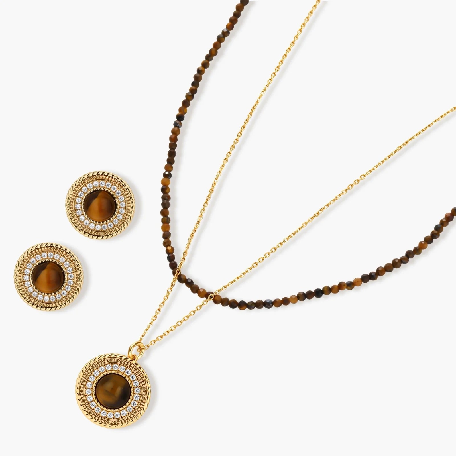 Gold-plated circular pendant necklace and matching earrings with natural stone centers and ornate rope detailing