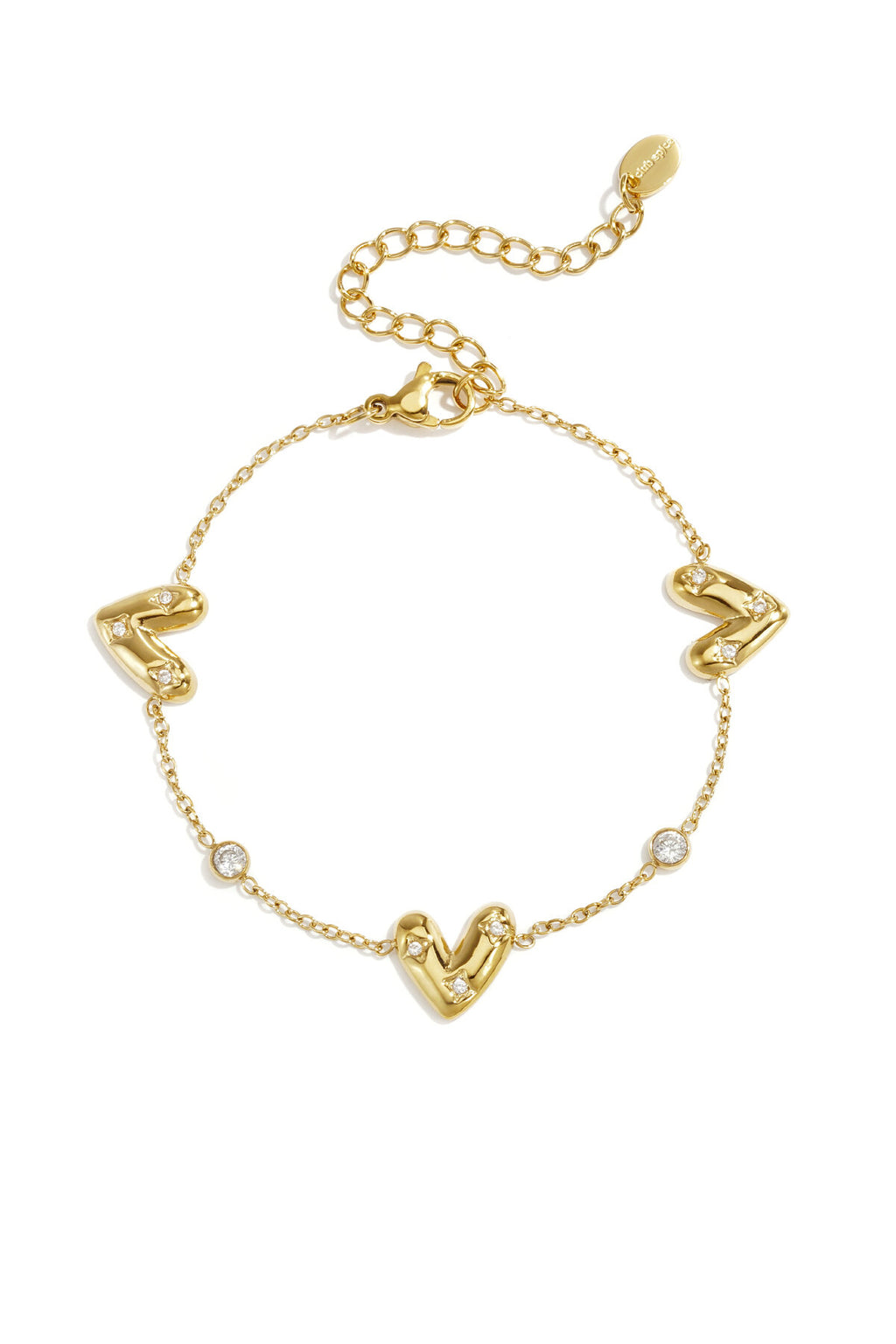 Bracelet with three set hearts and round cubic zirconia stones