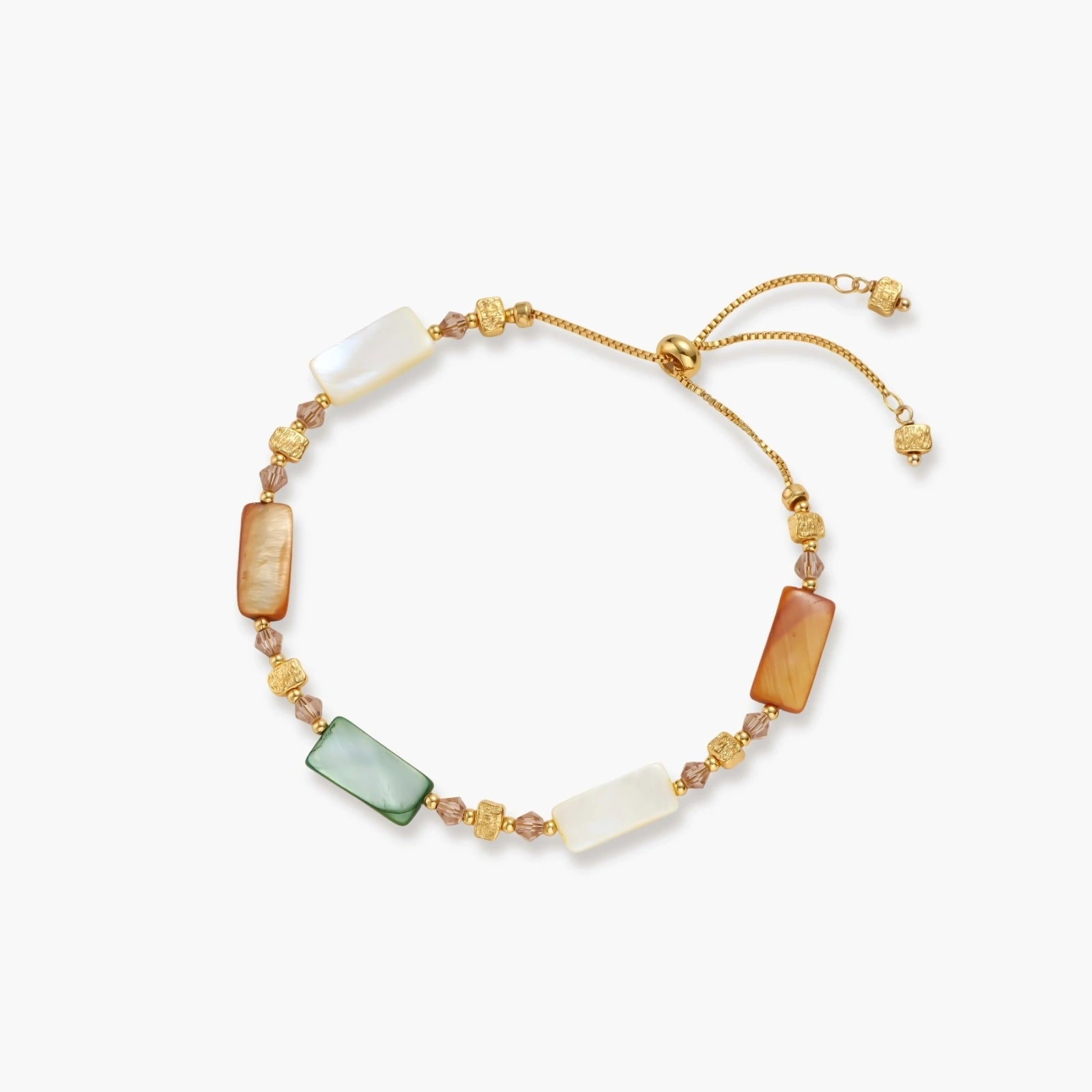 Rectangular shell pearls in cream, honey, rust, and sea-glass green with textured gold cubes and taupe crystals in an adjustable bracelet.