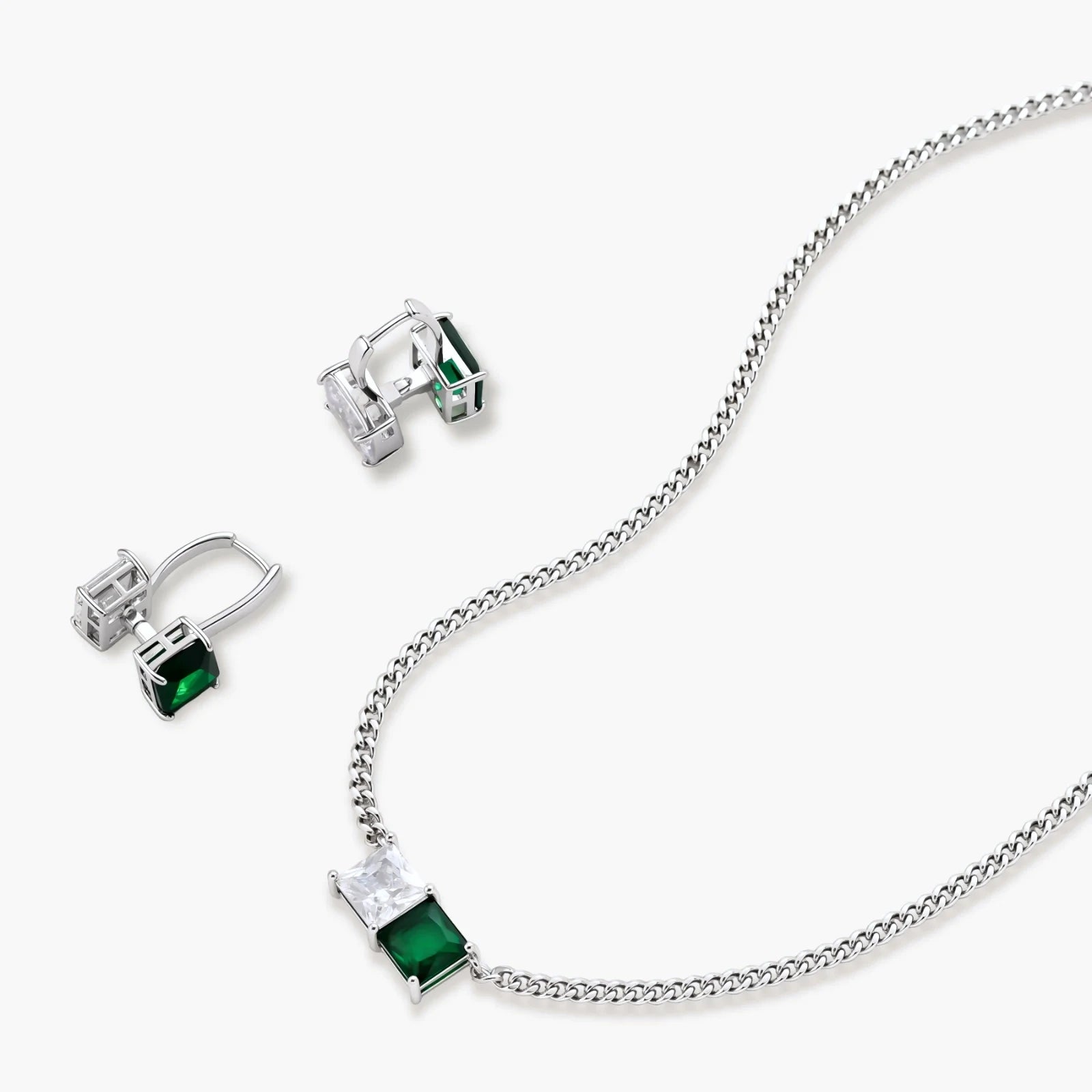 Modern square-cut cubic zirconia jewelry set with white gold plated chain, featuring emerald green or golden yellow stones.