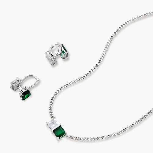 Modern square-cut cubic zirconia jewelry set with white gold plated chain, featuring emerald green or golden yellow stones.