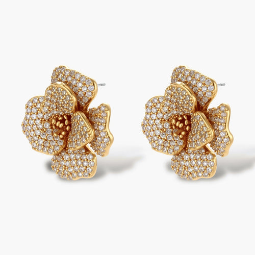 14K gold-plated flower jewelry set with zirconia crystals, featuring dimensional petal necklace and matching earrings