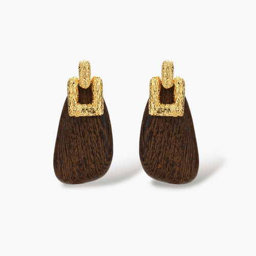 Elegant drop earrings featuring intricate 18k gold plated copper metalwork with dark brown wooden teardrop pendants