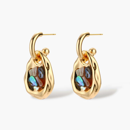 Gold-plated convertible hoop earrings with iridescent shell mosaic pendants, shown assembled and separated on cream background.