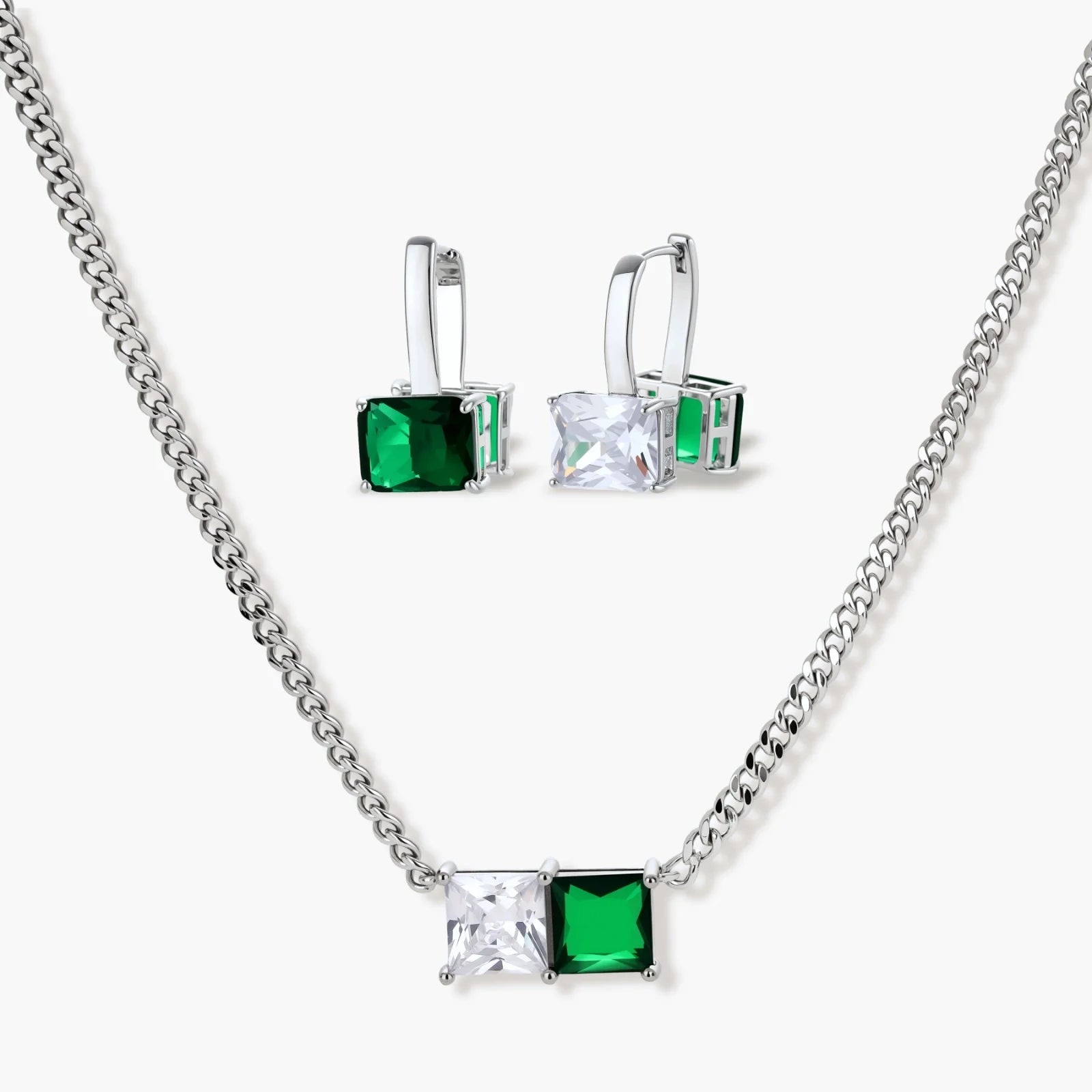 Modern square-cut cubic zirconia jewelry set with white gold plated chain, featuring emerald green or golden yellow stones.