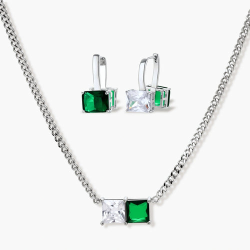 Modern square-cut cubic zirconia jewelry set with white gold plated chain, featuring emerald green or golden yellow stones.