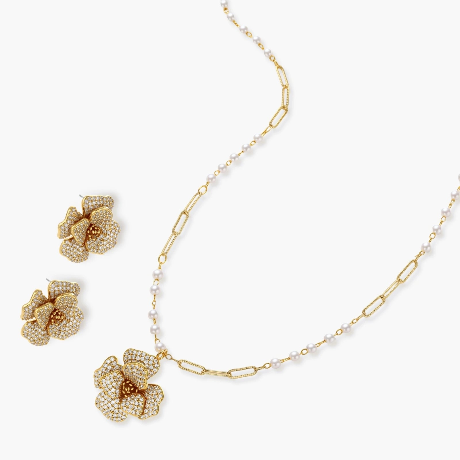 14K gold-plated flower jewelry set with zirconia crystals, featuring dimensional petal necklace and matching earrings