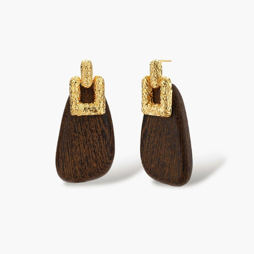 Elegant drop earrings featuring intricate 18k gold plated copper metalwork with dark brown wooden teardrop pendants