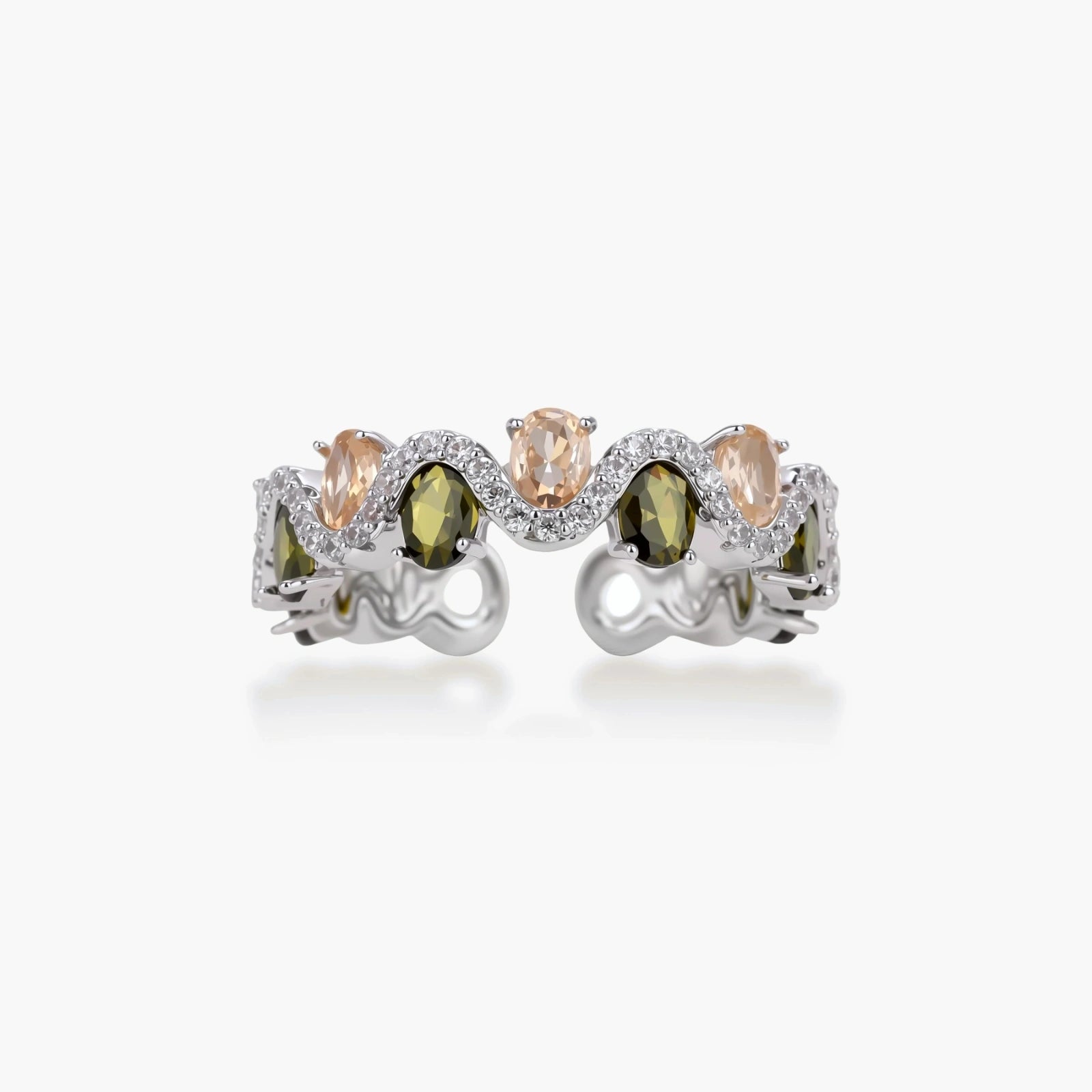 Adjustable copper ring with platinum plating, featuring alternating peach and green zirconia stones in organic wave pattern