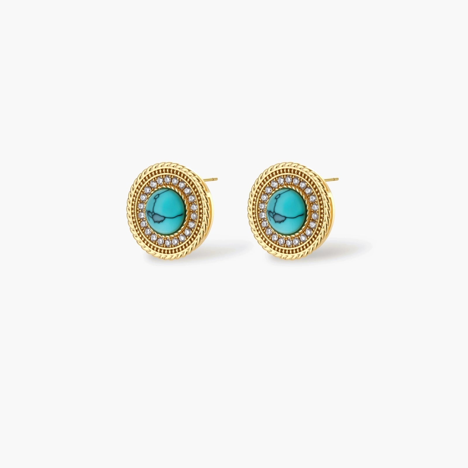 Gold-plated turquoise jewelry set with circular medallion pendant, beaded necklace, and matching stud earrings on white background