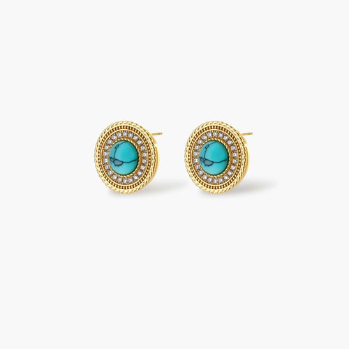 Gold-plated turquoise jewelry set with circular medallion pendant, beaded necklace, and matching stud earrings on white background