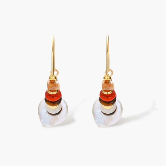 18k gold-plated earrings featuring baroque pearls and colorful natural stones in a stacked design on cream background.