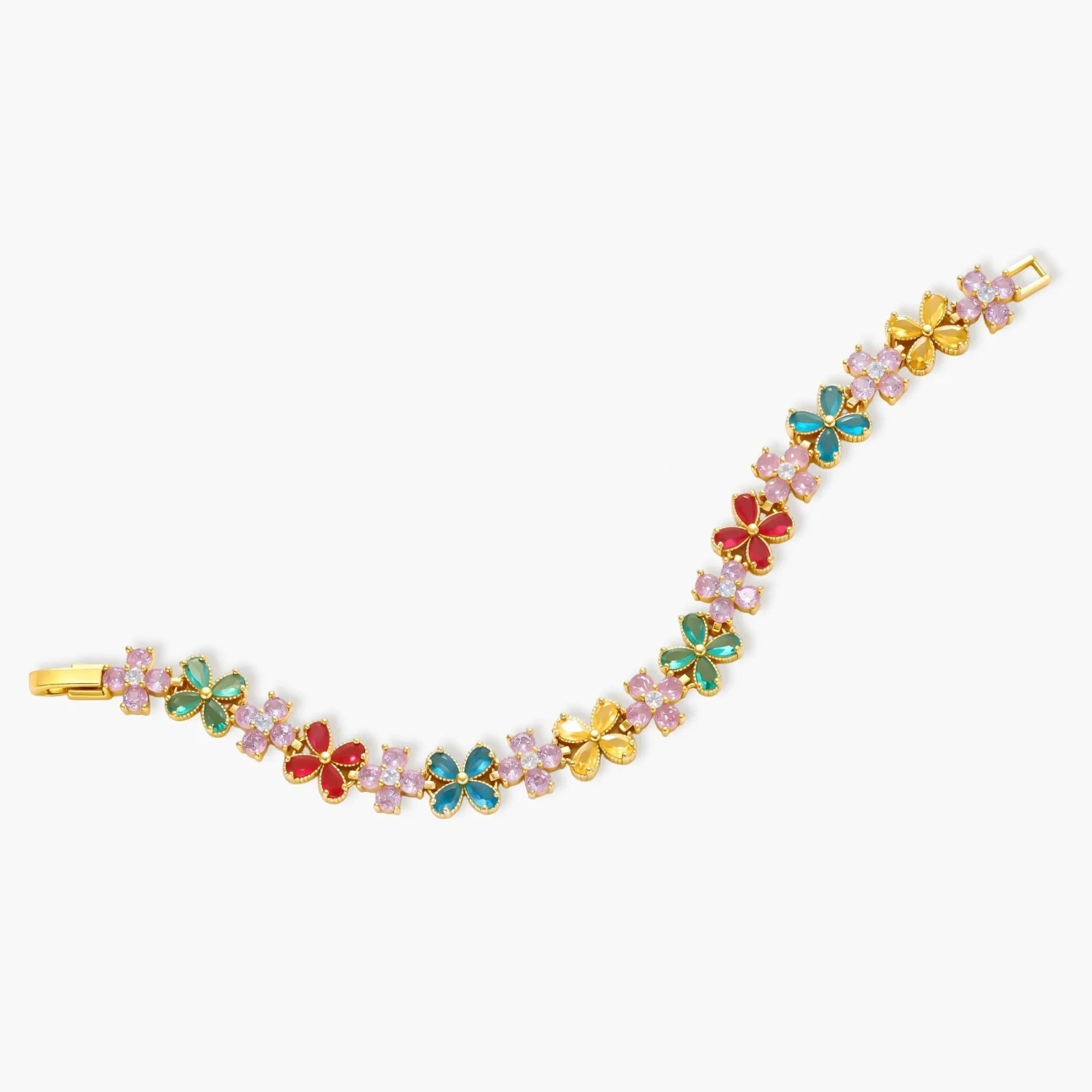 Gold-plated jewelry set with pink, turquoise and red flower-shaped cubic zirconia stones, featuring necklace, earrings and bracelet.