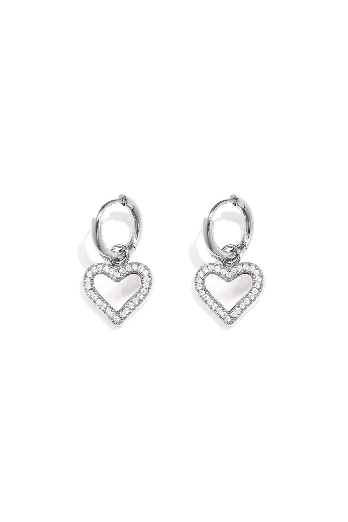Earrings with dangling mother-of-pearl hearts