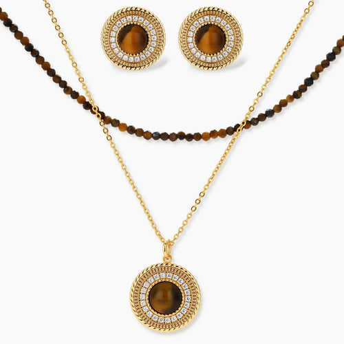 Gold-plated circular pendant necklace and matching earrings with natural stone centers and ornate rope detailing