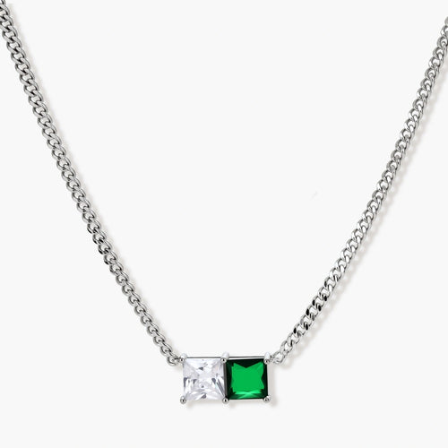 Modern square-cut cubic zirconia jewelry set with white gold plated chain, featuring emerald green or golden yellow stones.