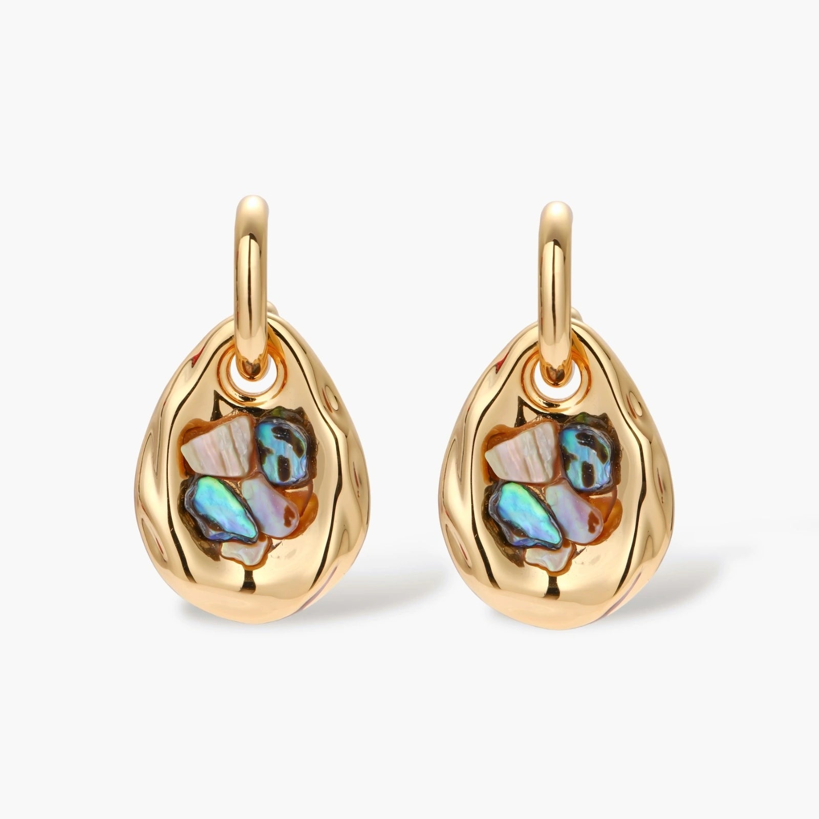 Gold-plated convertible hoop earrings with iridescent shell mosaic pendants, shown assembled and separated on cream background.