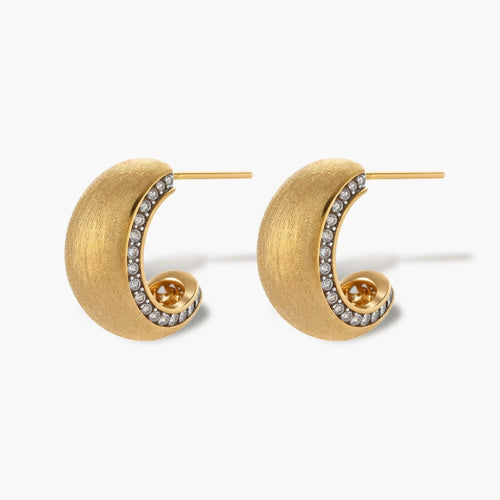 Small gold-plated hoop earrings with crystal accents and brushed finish on white background.