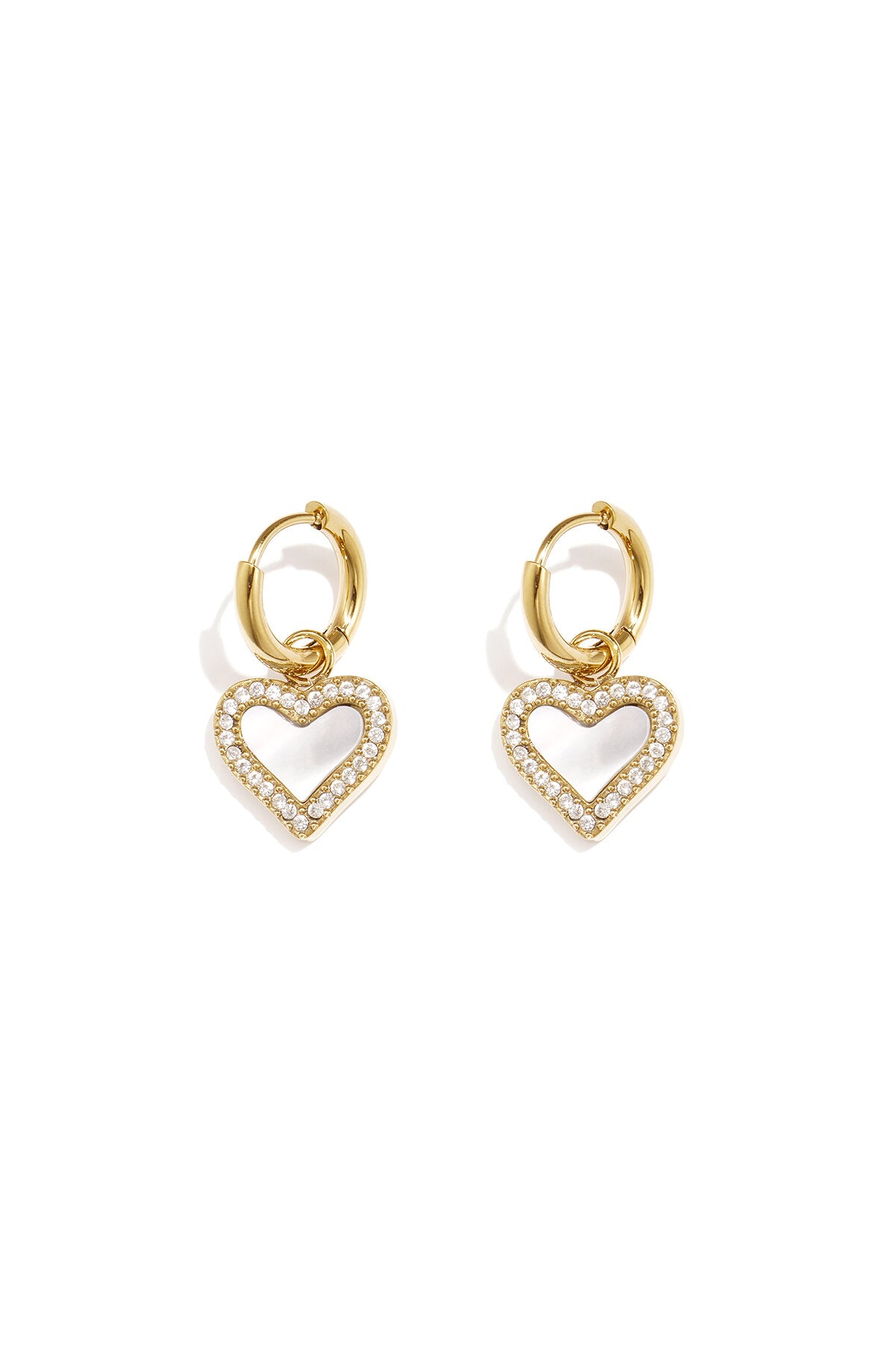 Earrings with dangling mother-of-pearl hearts