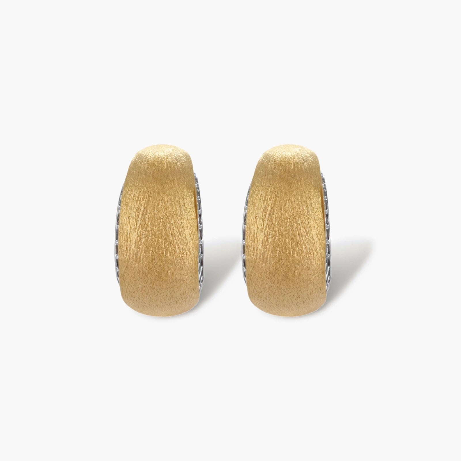 Small gold-plated hoop earrings with crystal accents and brushed finish on white background.