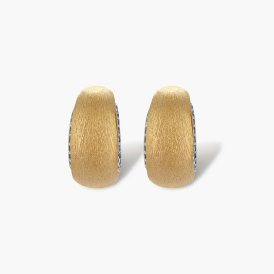 Small gold-plated hoop earrings with crystal accents and brushed finish on white background.