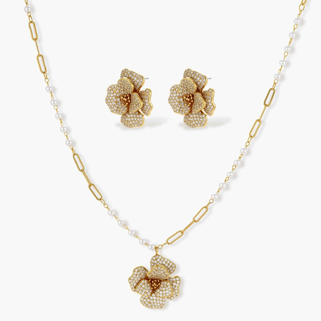 14K gold-plated flower jewelry set with zirconia crystals, featuring dimensional petal necklace and matching earrings