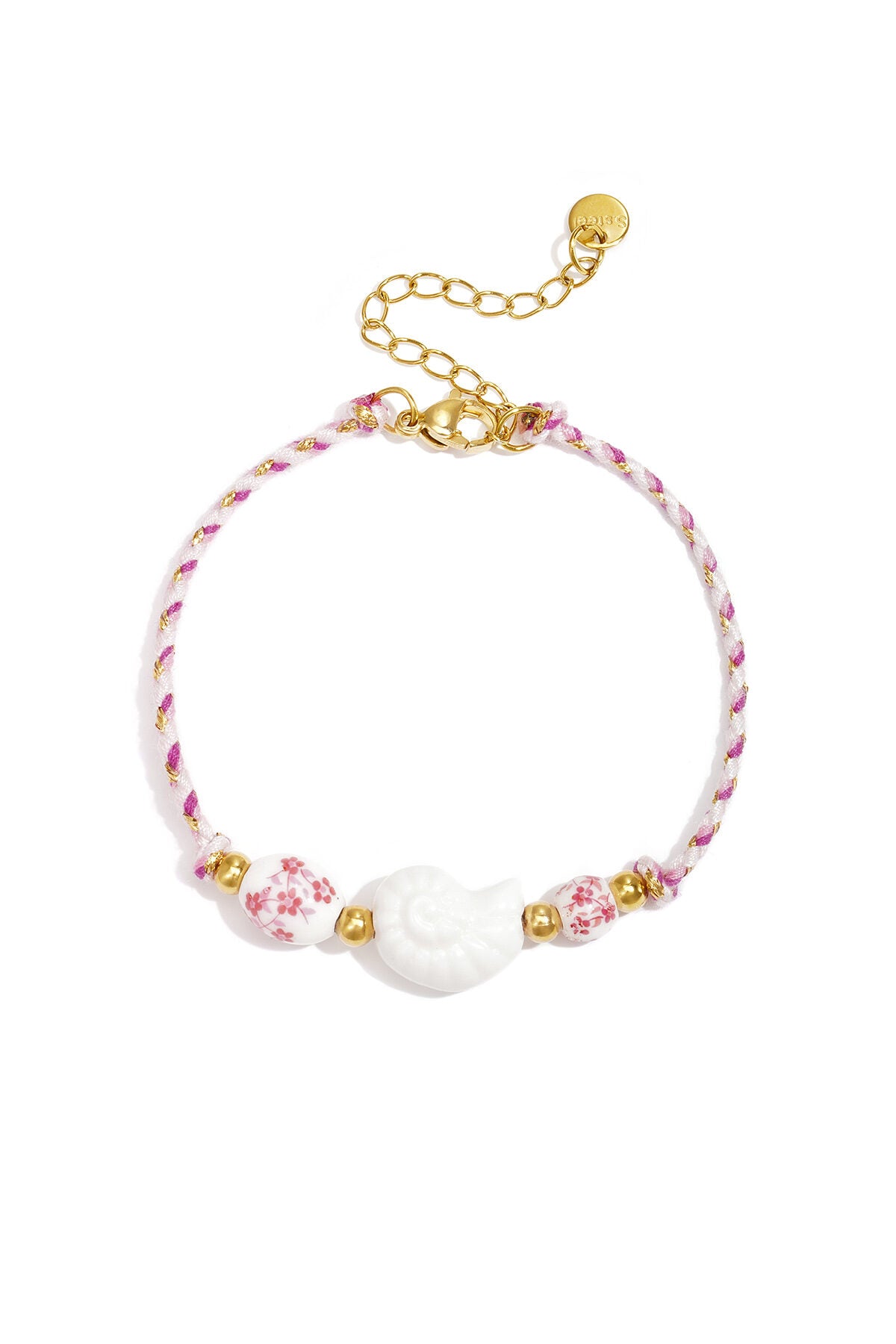 Rope bracelet with shell and floral design beads