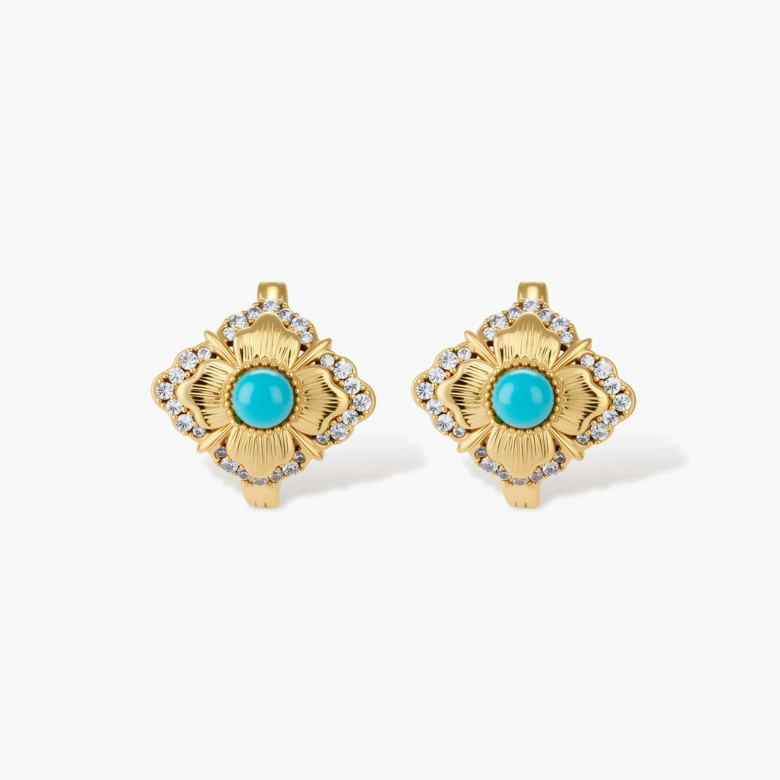 Close-up of 18K gold plated hoop earrings with turquoise center stones and zircon crystals in quatrefoil flower design